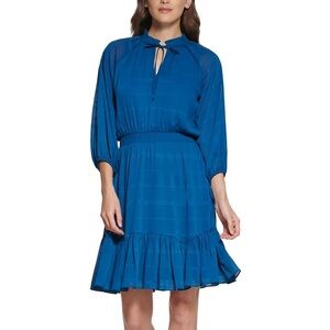 NWT DKNY Blue Tie Neck Mini Fit and Flare Dress Size 16